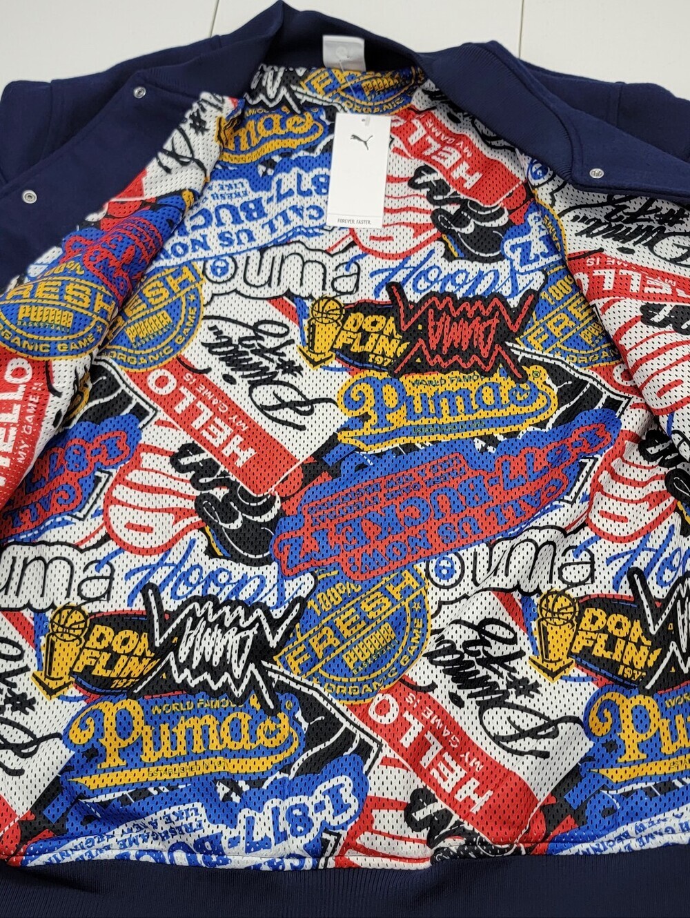 PUMA Sticker Pack Basketball Varsity Jacket Men's Size XXL Navy Blue $200 NEW - Picture 9 of 12